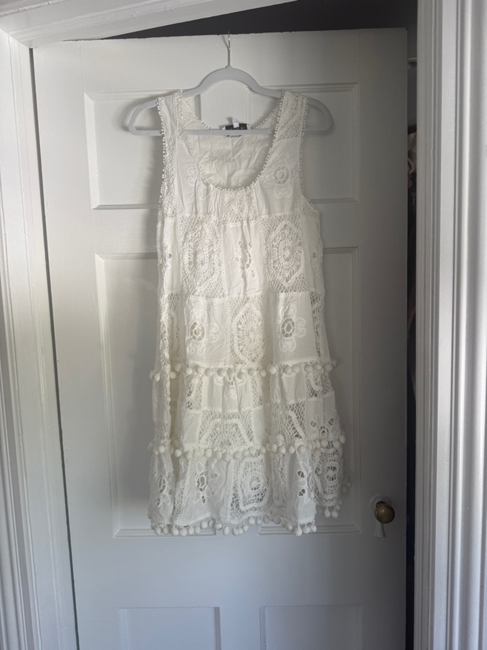 HUNTER BELL White Lace Tiered Mini Dress with Pom Pom Trim